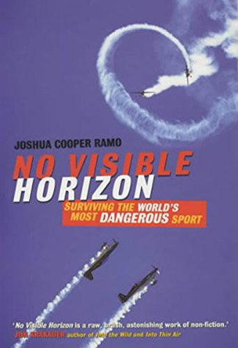 Book cover: "No Visible Horizon" with aerobatic planes leaving smoke trails.