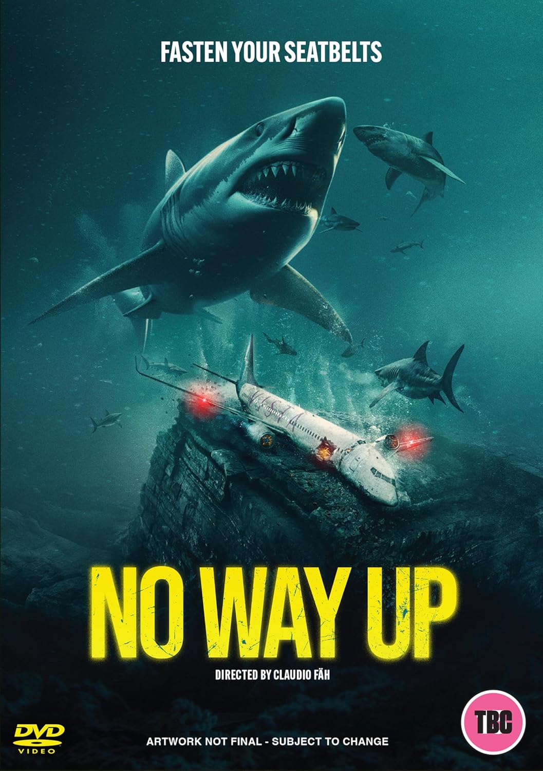 No Way Up" DVD cover featuring a shark, plane wreckage, and ocean scene.