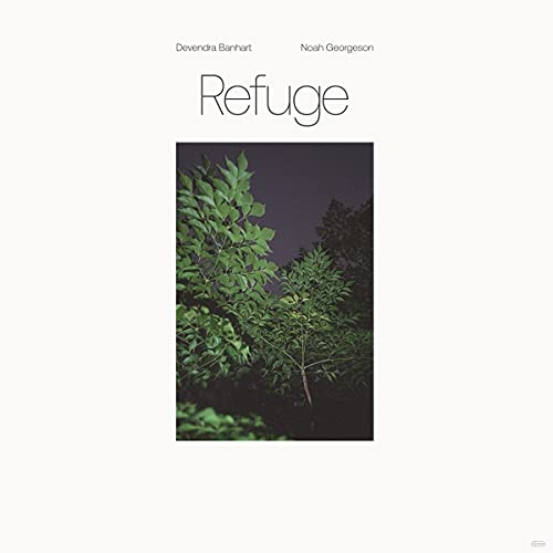 Album cover with text Refuge and names against a white background with green foliage.