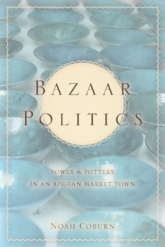 Book cover: "Bazaar Politics" with a blue, patterned background.