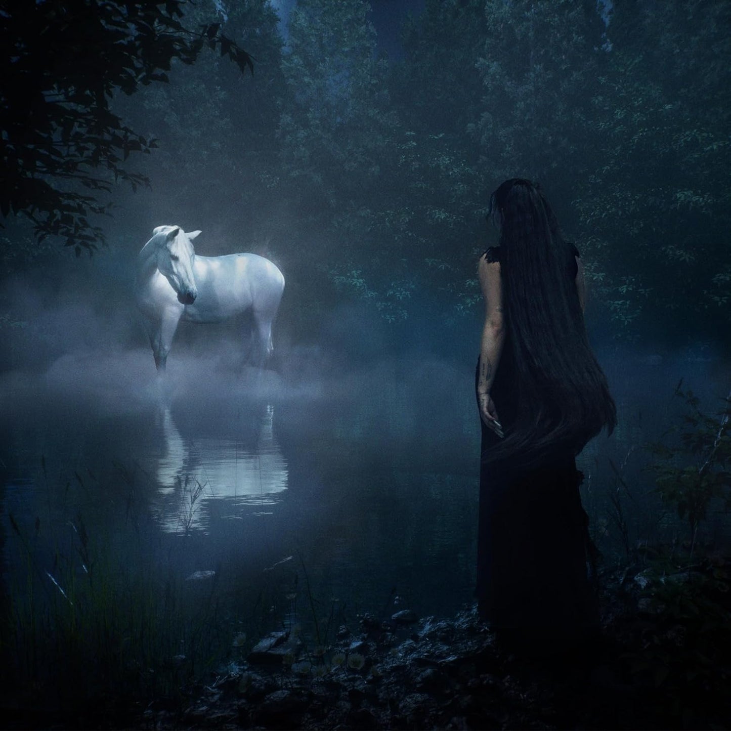 Woman in black facing a white horse in a misty forest.