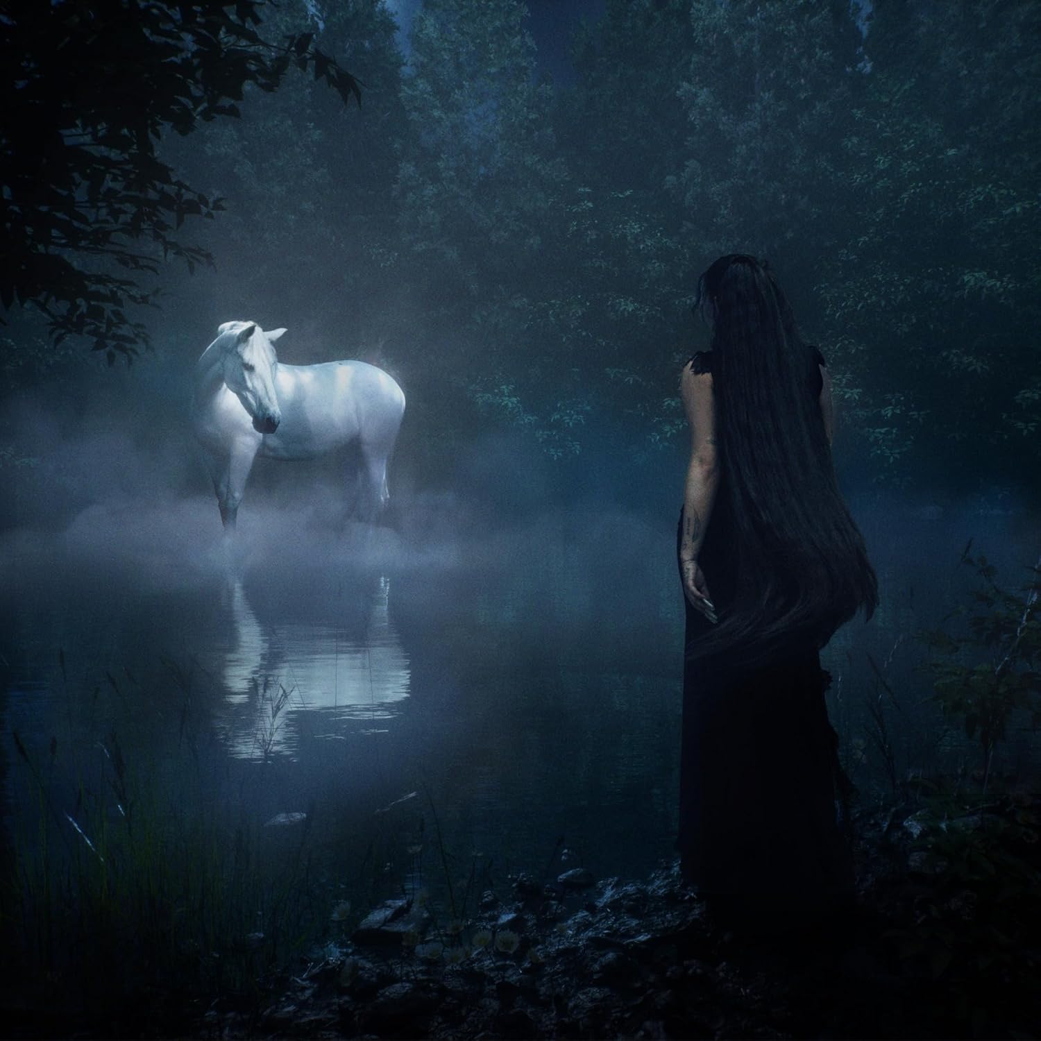 Woman in black facing a white horse in a misty forest.