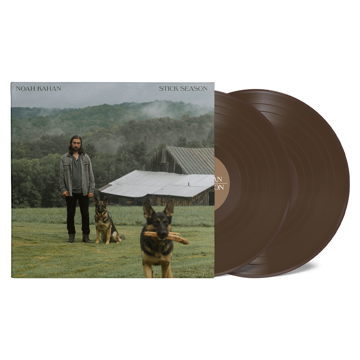 Noah Kahan's "Stick Season" vinyl record with album art and brown disc.