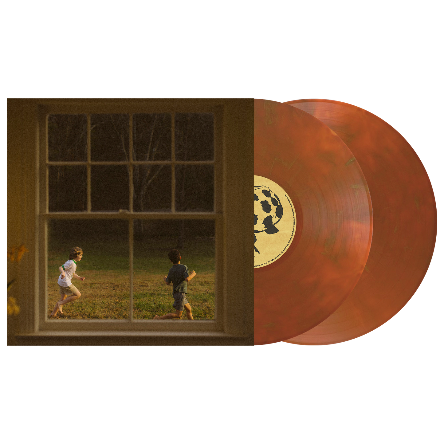 Album cover showing children running outside a window, next to two marbled orange vinyl records.