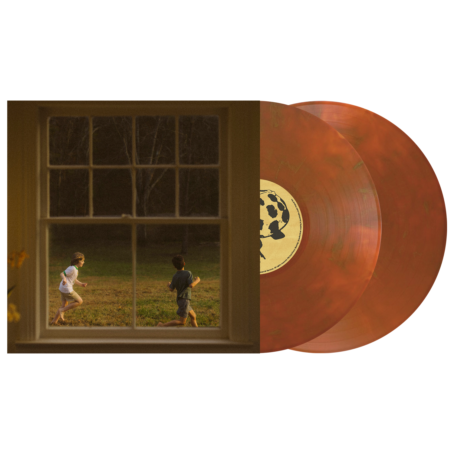 Album cover showing children running outside a window, next to two marbled orange vinyl records.