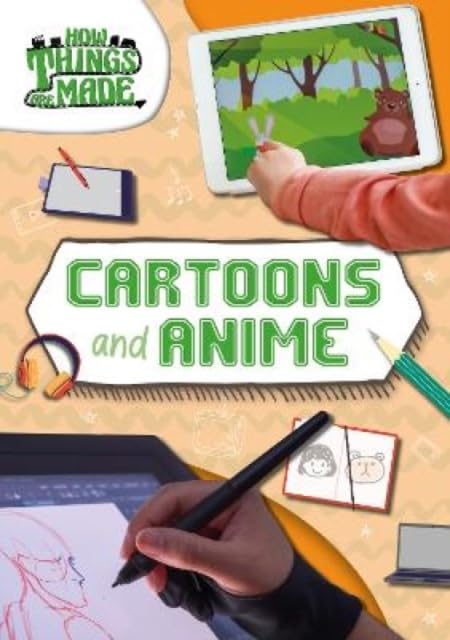 Book cover with title "Cartoons and Anime" and digital art tools.