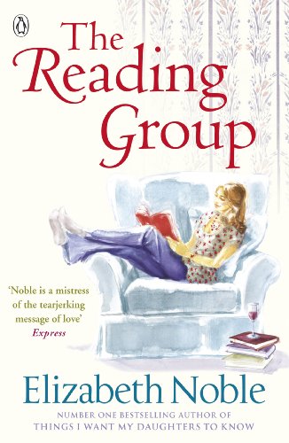 Book cover: woman reading in armchair, floral background, title “The Reading Group”.