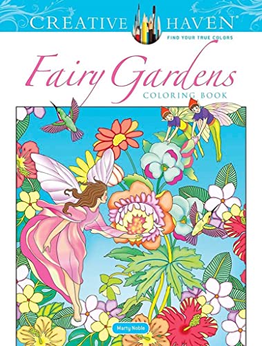 Coloring book cover with fairies amongst colorful flowers and a hummingbird.