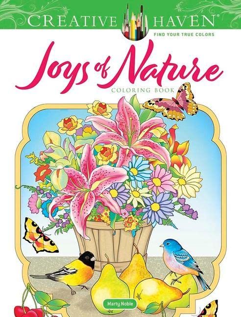 Coloring book cover with flowers, a butterfly, birds, and fruit.