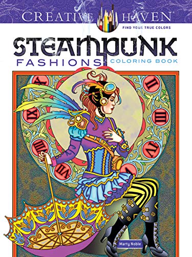 Steampunk fashions coloring book cover with a woman in detailed attire.