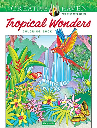 Coloring book cover with a tropical waterfall, parrots, and vibrant flowers.