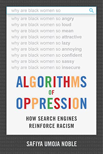 Book cover featuring a search bar with biased autocomplete suggestions and the book title.