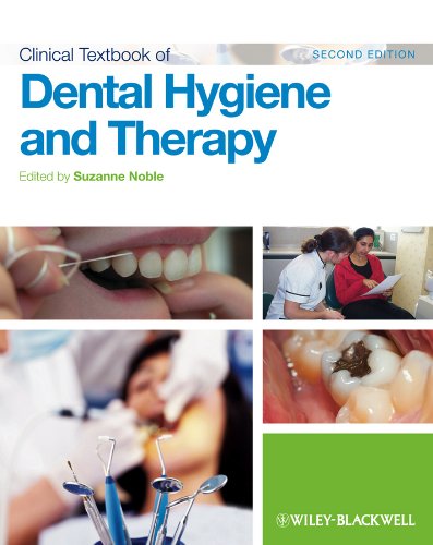 Dental hygiene textbook cover with images of teeth, tools, and a dentist.