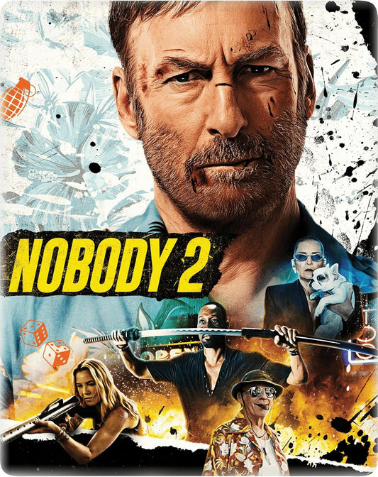 “Nobody 2” movie steelbook cover featuring Bob Odenkirk’s face and action scenes.