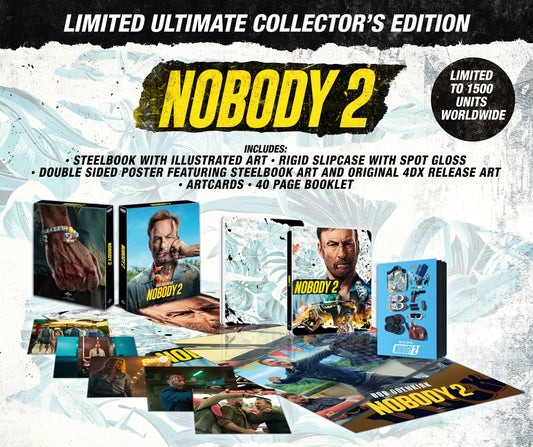Nobody 2" collector’s edition Blu-ray packaging with film stills and accessories.
