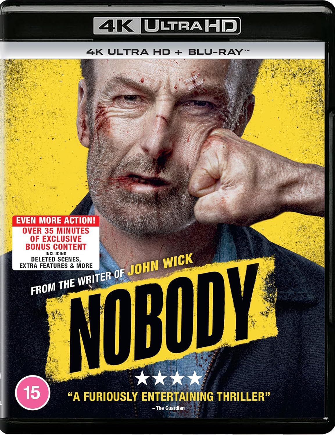 Nobody" 4K UHD Blu-ray cover featuring Bob Odenkirk in a distressed pose.