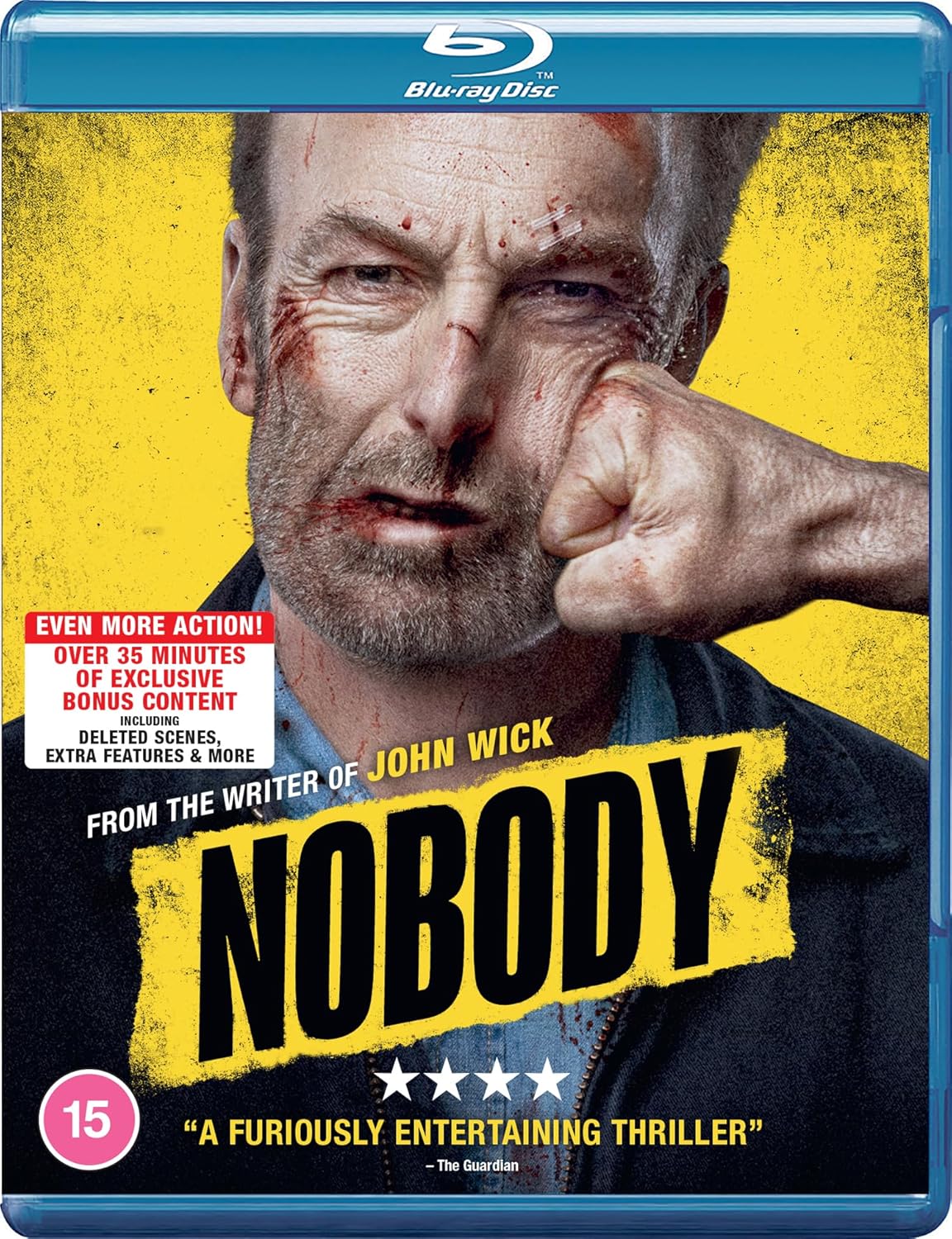 “Nobody” Blu-ray cover featuring a bruised man holding a weapon.