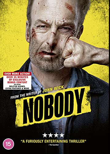 DVD cover for "Nobody" featuring a bruised man with a determined expression.