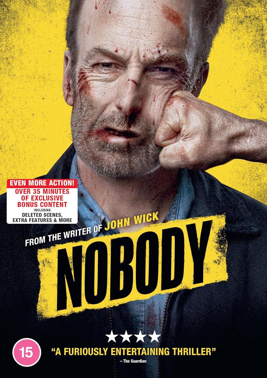 DVD cover for "Nobody" featuring a bruised man with a yellow background.