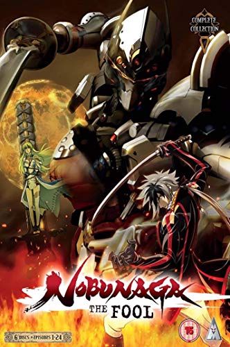 “Nobunaga The Fool” DVD cover featuring armored figures and fiery background.