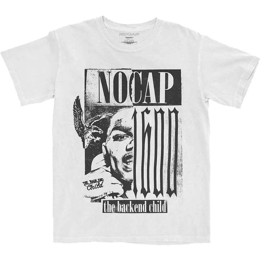 White t-shirt with black graphic of a face and "NoCap" logo.
