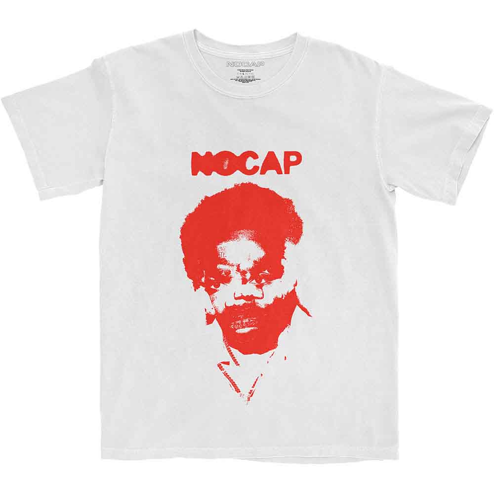 White t-shirt with red "NoCap" logo and face graphic worn by a man.
