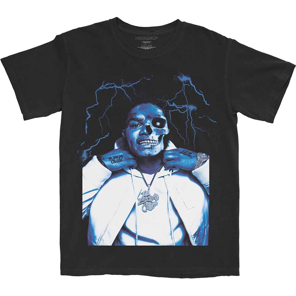 Black t-shirt with a graphic of a half-skeleton face and lightning.