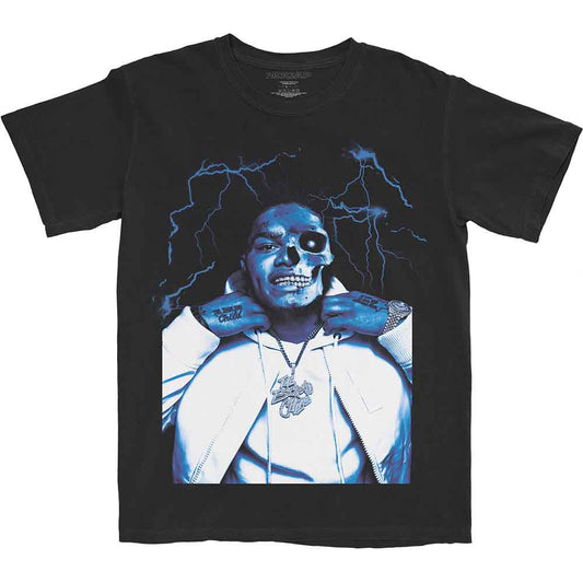 Black t-shirt with a graphic of a half-skeleton face and lightning.