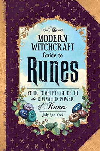 Book cover with a purple background, rune symbols, and a central illustration of stones.