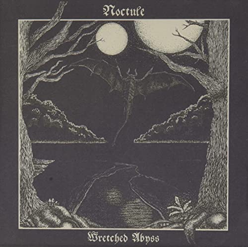 Dark gray album cover with a bat flying under a full moon between two trees.