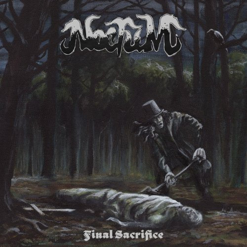 Dark album cover depicting a figure with a shovel over a body in woods.