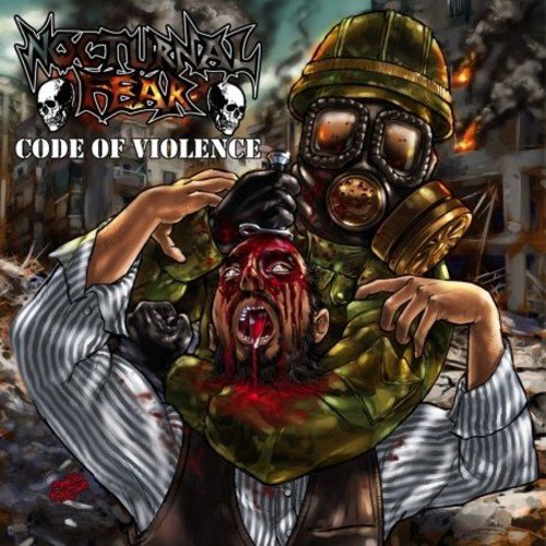 CD cover: graphic image of a person holding a severed head, gas mask.