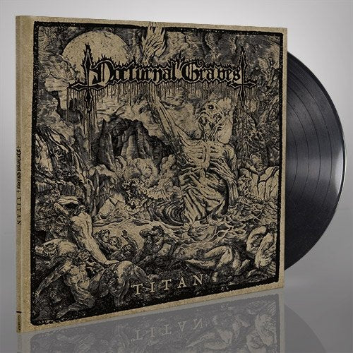 Dark, detailed album cover depicting a monstrous figure and small people.