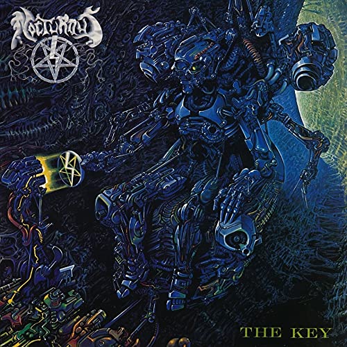 Dark album cover featuring a complex, robotic figure and pentagrams.