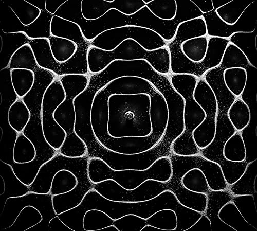 Black and white abstract pattern with concentric squares and textured lines.