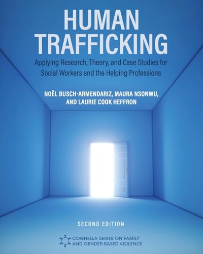 Book cover titled Human Trafficking with a bright open doorway in a blue room.