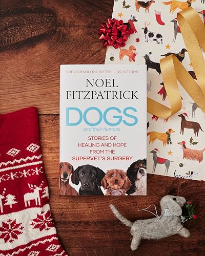 Book cover with dogs and humans, festive decorations, and wooden surface.