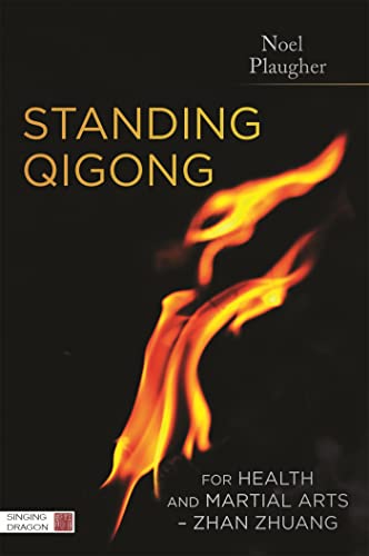 Book cover: "Standing Qigong" with a flame image and text details.