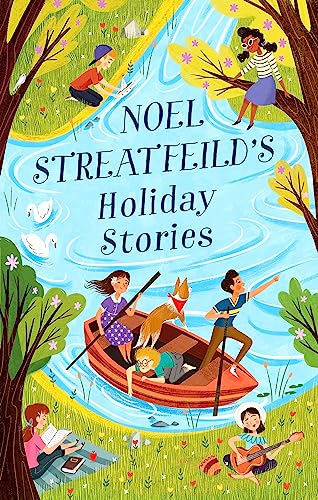Book cover with children boating, reading, and playing outdoors.