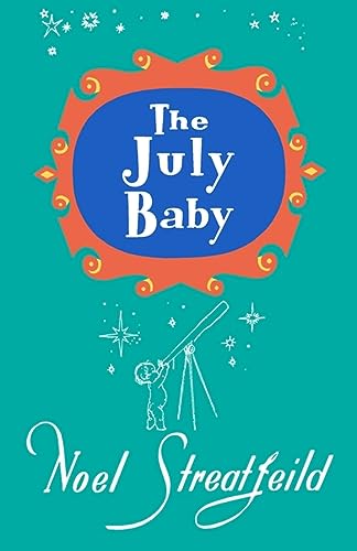 Book cover for “The July Baby” with a baby looking through a telescope.