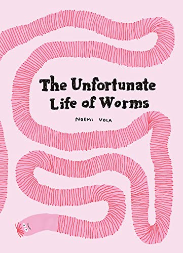 Book cover with pink, looping worms and bold black title text.