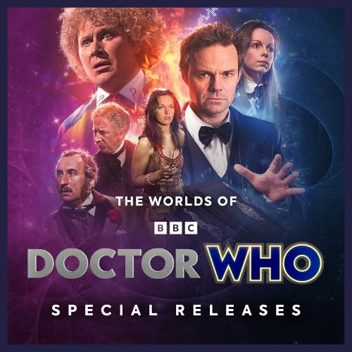 Collage of Doctor Who characters against a purple and blue cosmic background.