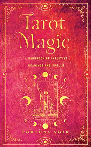 Red book cover with gold text reading "Tarot Magic" and mystical imagery.