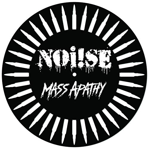 Black vinyl record featuring the text NOI!SE and MASS APATHY surrounded by bullet silhouettes.