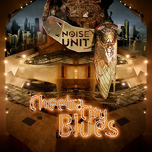 Album cover with neon text and cicada insect over cityscape and building interior.