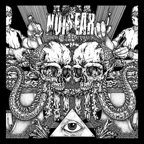 Black and white illustration of skulls, hands, and an eye within a triangle.