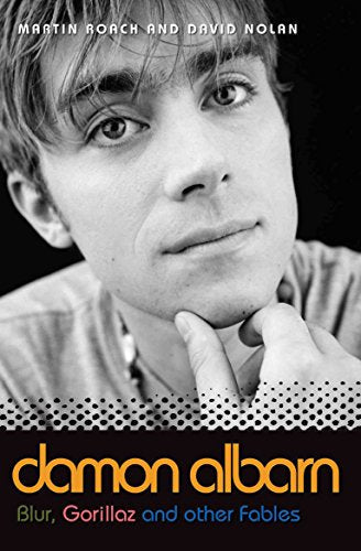 Black and white portrait of Damon Albarn, book cover with text below.