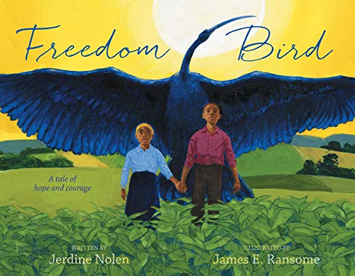 Book cover: two children look up at a large blue bird in flight.