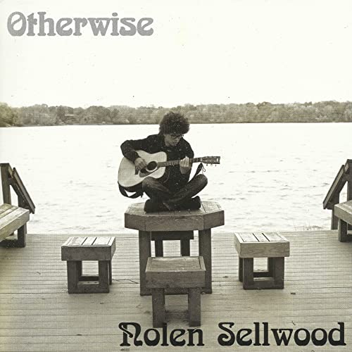 CD cover: musician with guitar on a dock by a lake.
