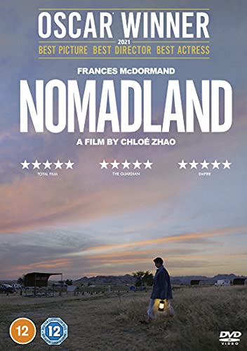 DVD cover for Nomadland featuring a person walking in a field at sunset.